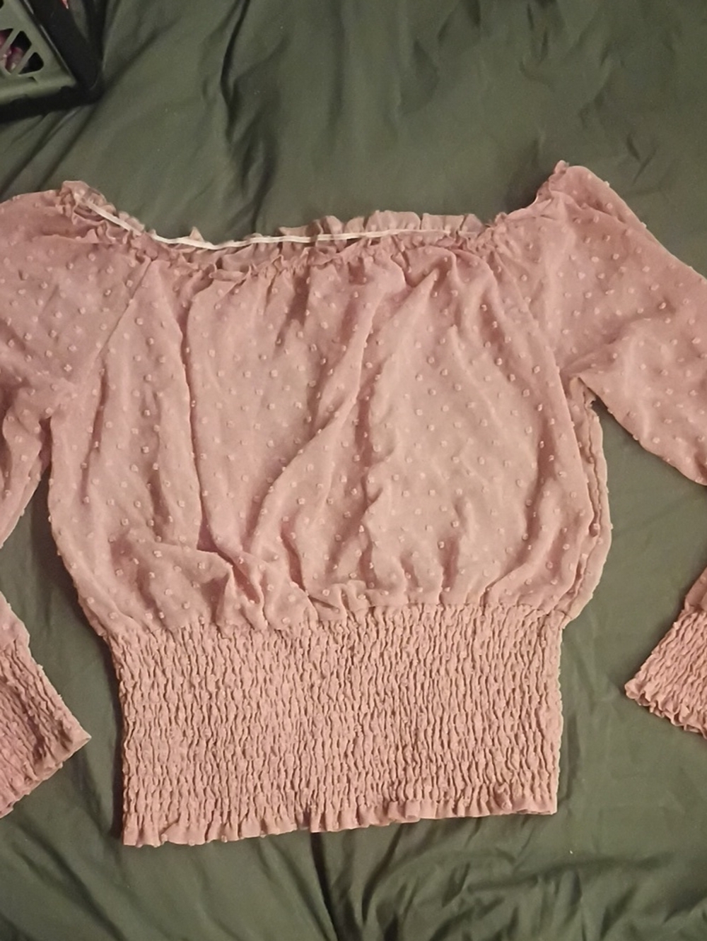 Source Unknown Blush Pink Swiss Dot Off-Shoulder Smocked Top